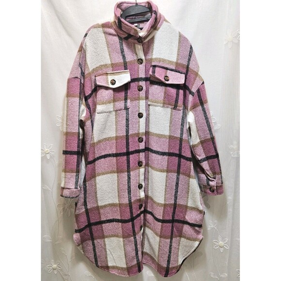 Jackets & Blazers - Womens XL Pink Black Jacket Plaid Oversized Thick Flannel Farm Barn Coat Tunic